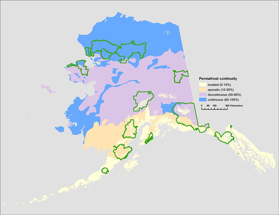 Map of Alaska showing permafrost extent as isolate, sporadic, discontinuous, or continuous. Most of the Arctic Network is continuous permafrost.