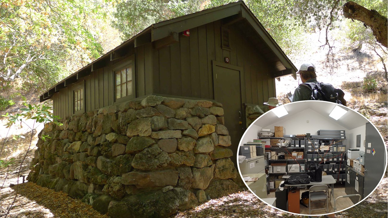 Rustic stone cabin in woods with inset of interior of building. Shelves holding museum archives