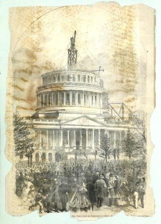 Drawing of the U.S. Capitol building under construction. A formally dressed crowd is gathered on the grounds. Scaffolding is visible above the Capitol roof.