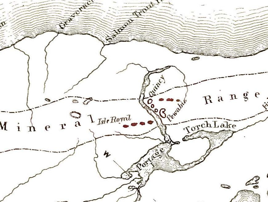 lose up map of Portage Lake area within the Keweenaw Peninsula featuring a band representing the mineral range which stretches left to right across the whole image. Several red dots are found along the mineral range band near Portage Lake.