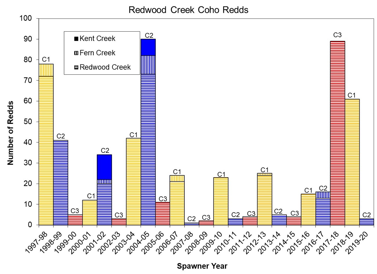 Bar graph of coho redd counts since 1997-98 showing that the 2019-2020 cohort produced fewer redds than the 2016-2017 generation that preceded it.