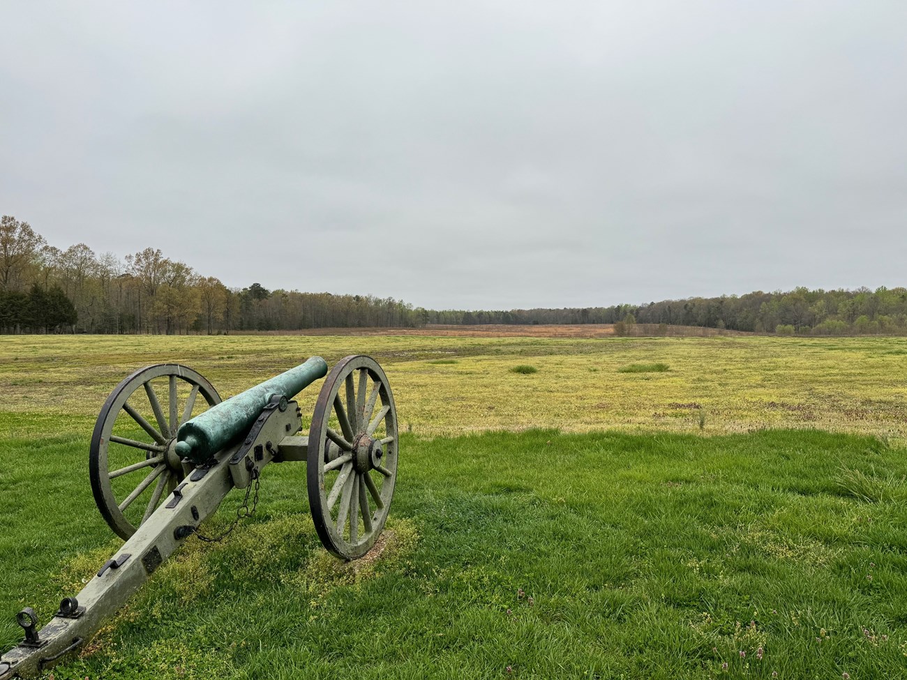 A canon sits in the forefront with a green and yellow field beyond