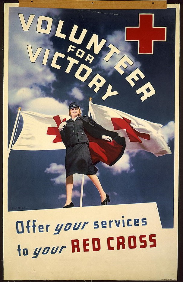 Poster of white woman in blue uniform in front of red cross flags with text "Volunteer for Victory" and "Offer your services to your Red Cross"