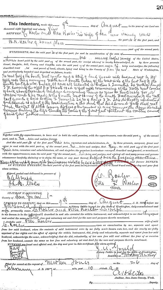 Legal document with type-writen text and cursive handwriting. Red circle notes the author’s mark in lieu of a signature.