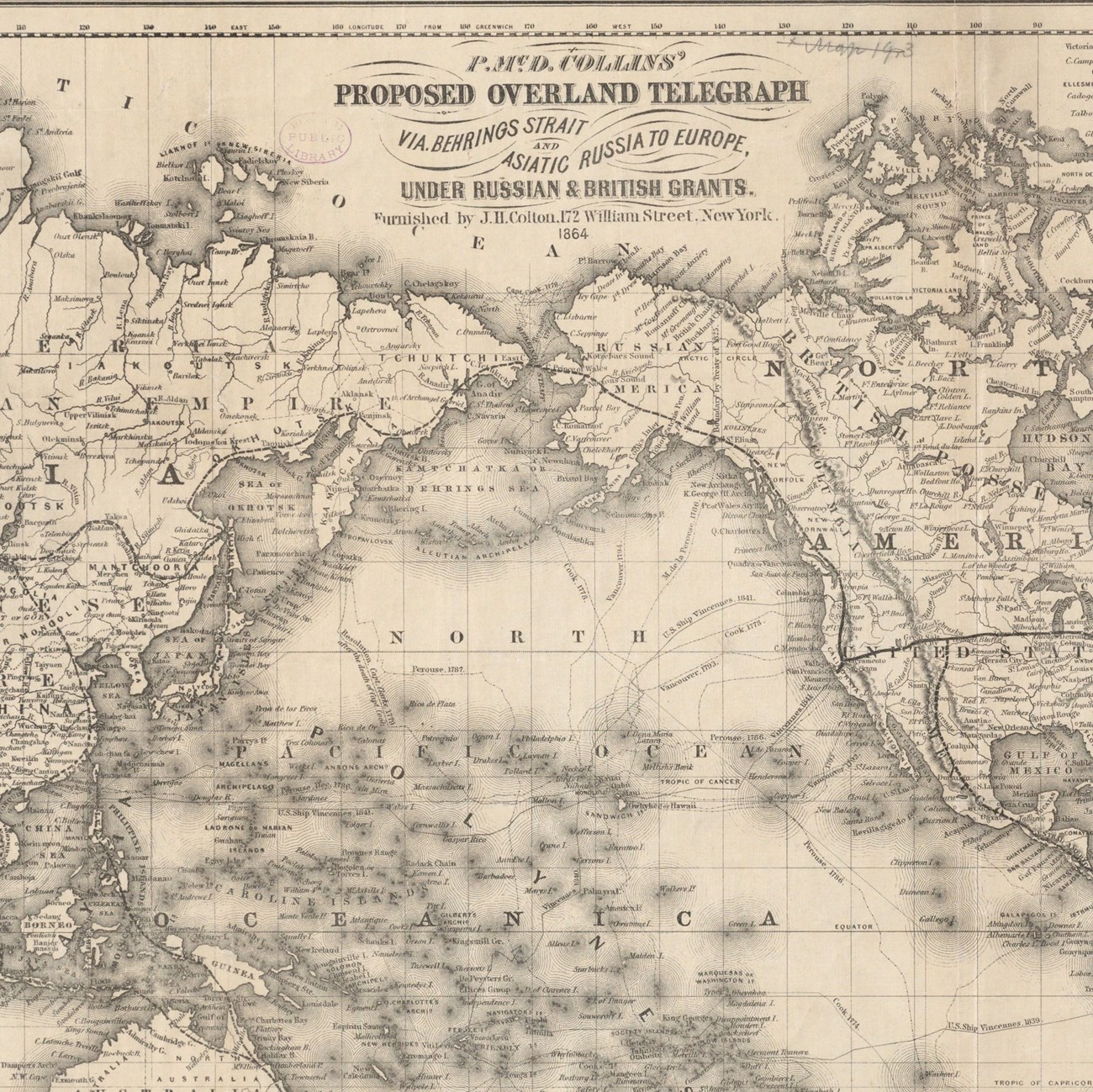 Map of proposed overland telegraph via the Bering Strait and Asiatic Russia to Europe.