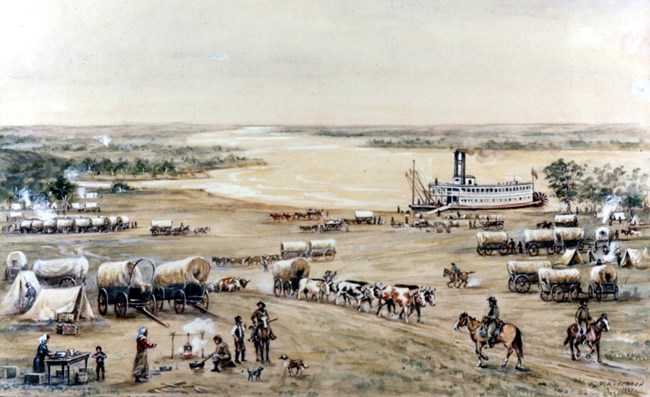 A watercolor painting depicts the bustle of a river port.