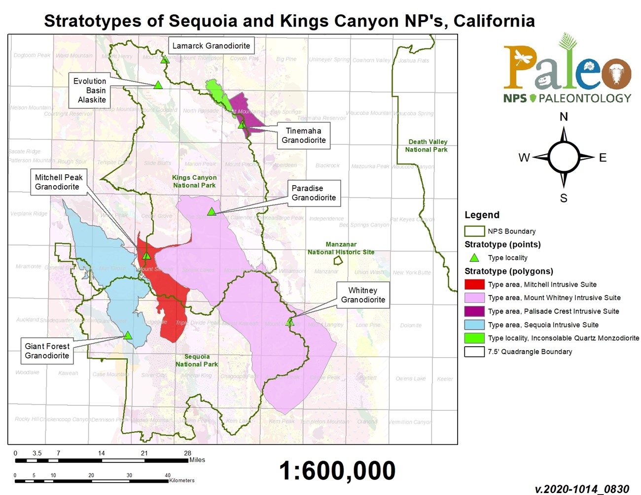 Map of Sequoia and Kings Canyon showing the locations of five type areas and one type locality.