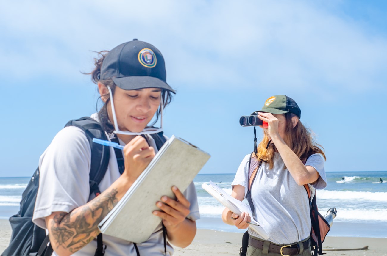 Uniformed staff person looking through binoculars away from the surf behind her as another wearing a volunteer hat writes on a clipboard.