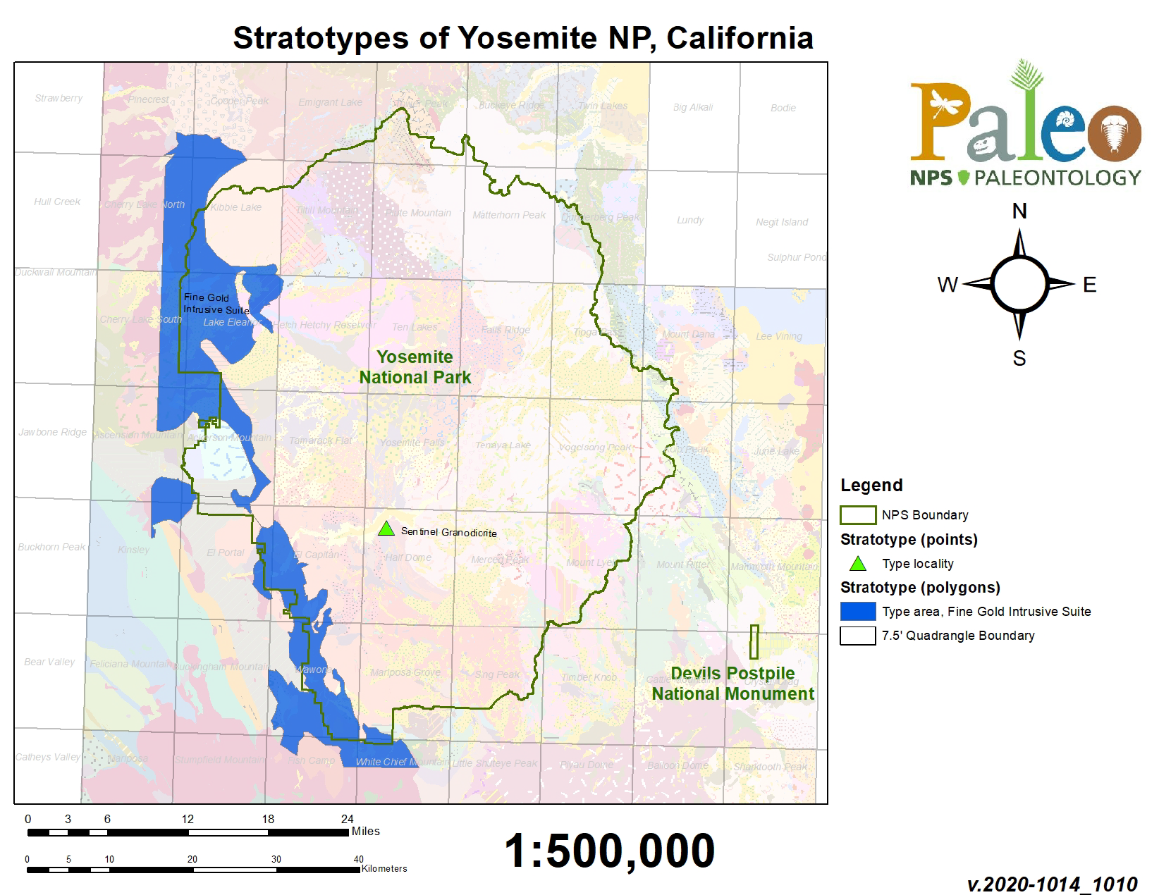 Geologic map of Yosemite overlain with stratotype locations - one type locality iand one type area, mapped along the west boundary of type park.