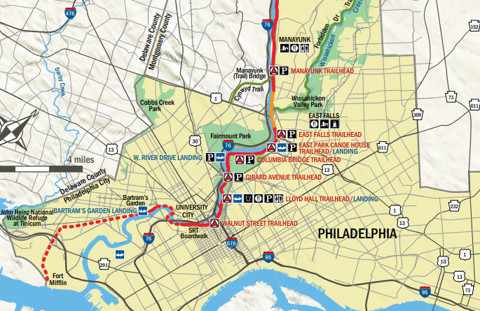 Computer-made map of Schuylkill River Trail within city limits of Philadelphia, passing through major tourist attractions
