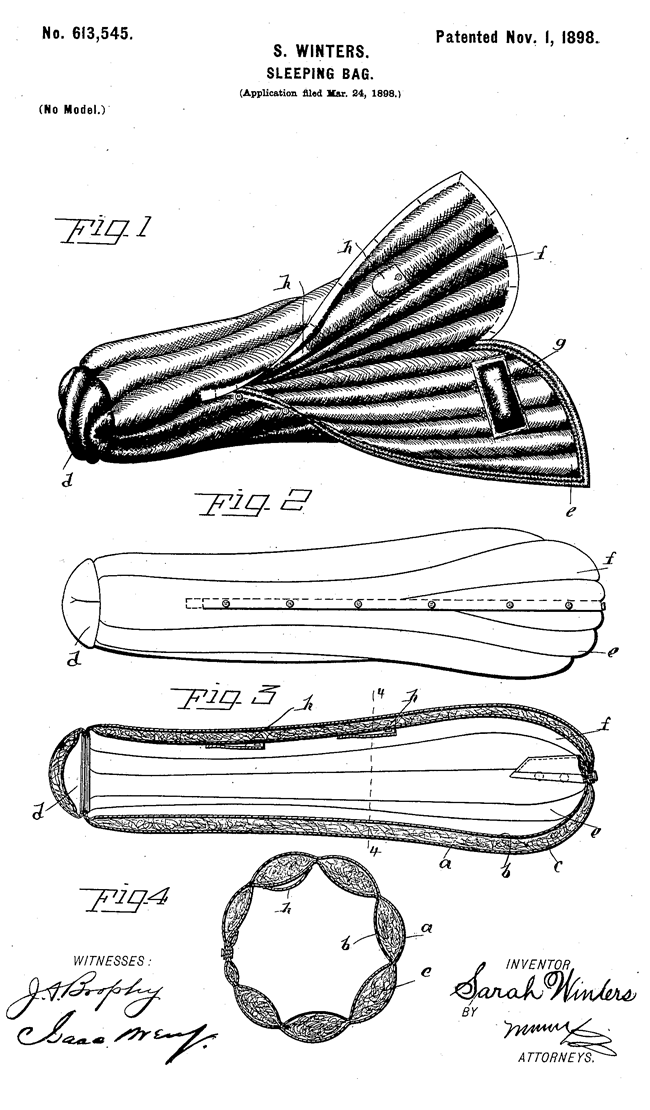 Figures demonstrating the ingenuity of Sarah Winters’ sleeping bag. A black and white patent illustration detailing the form and assembly of the S. Winters Sleeping Bag—patented November 1, 1898