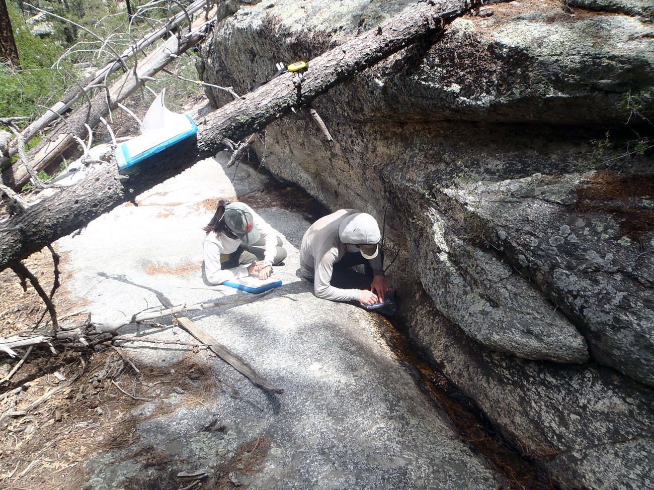 Scarlet Spring Two people sitting on a very large boulder collecting data next to a narrow channel of water passing between large rocks