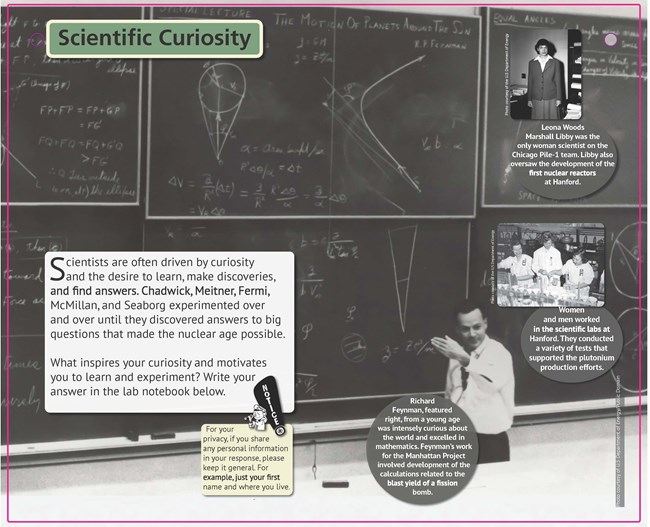 A poster entitled, “Scientific Curiosity,” shows a man wearing lecturing before a wall of blackboards filled with mathematical equations and figures.