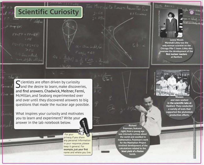 Scientifc Curiosity A poster entitled, “Scientific Curiosity,” shows a man wearing lecturing before a wall of blackboards filled with mathematical equations and figures.