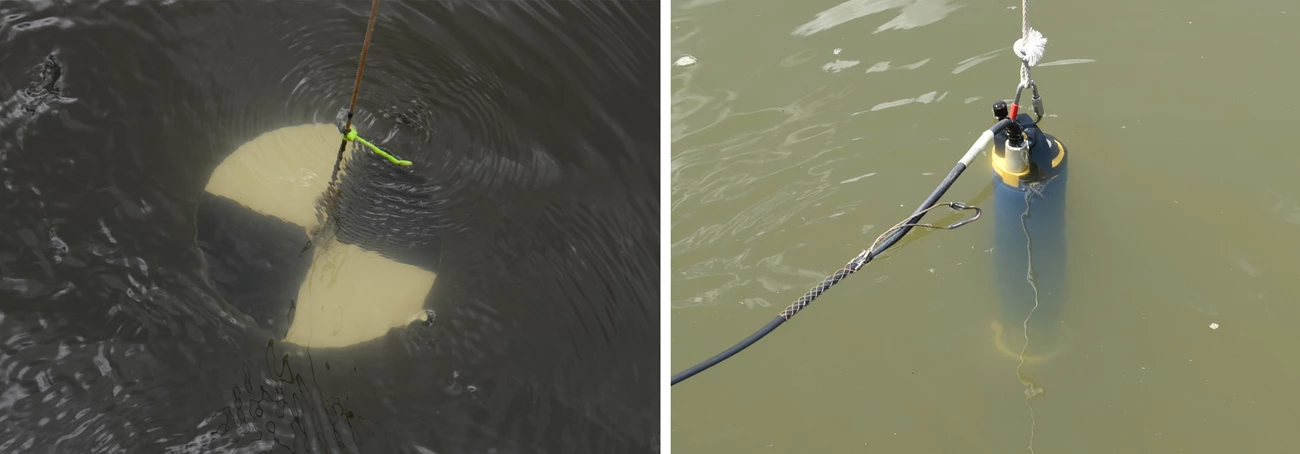 A Secchi Disk and a Data Sonde A black and white disk hangs in the water. A blue cyclinder hangs in the water.