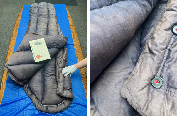 A side by side collage of two images: one of a blue sleeping bag layed out on a table on a blue tarp, with a gloved hand reaching in, and another close-up image of the buttons on the sleeping bag.