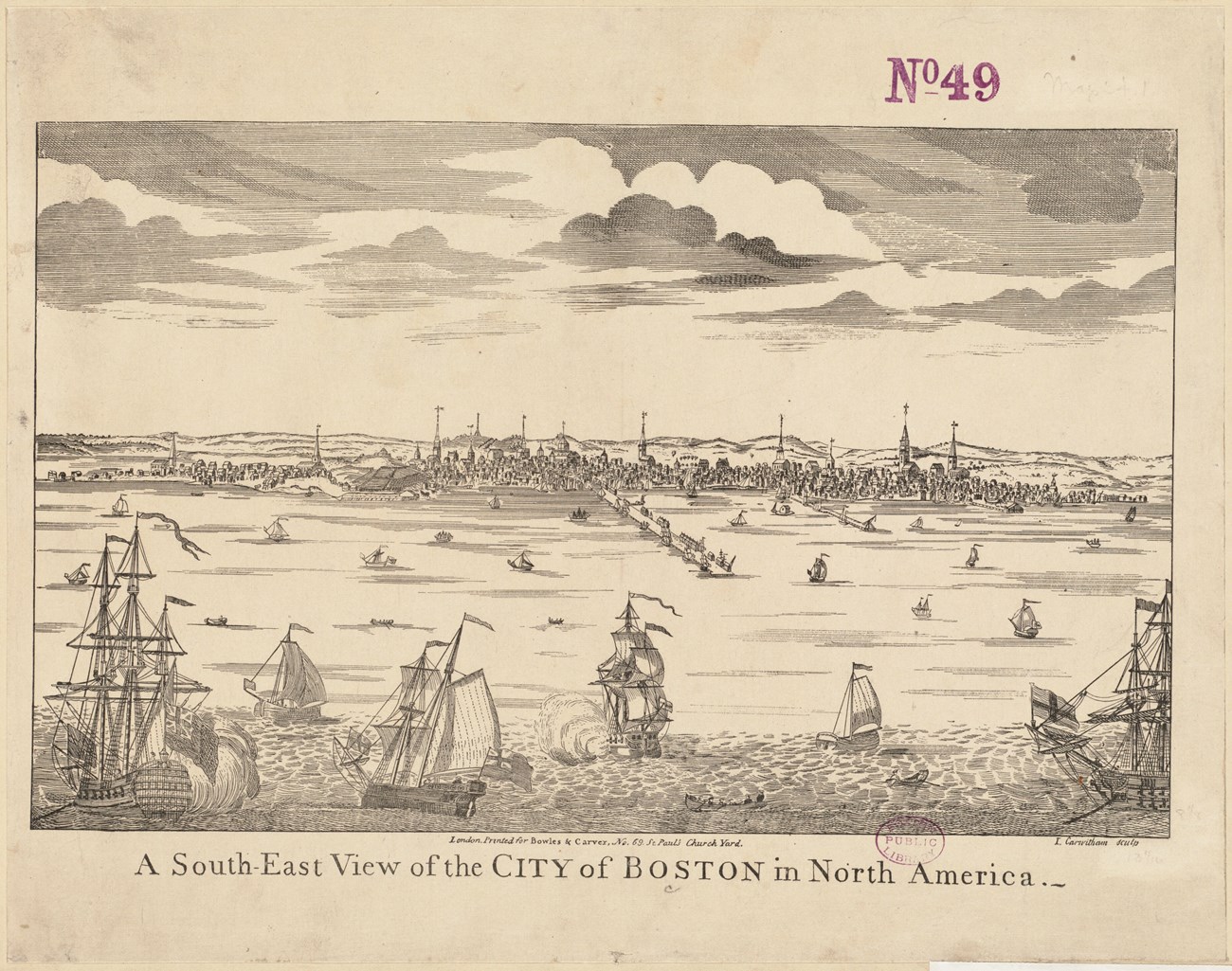 SoutheastViewofBoston-TCarwitham-BPL sketch of boston from the harbor, with boats in the water and boston as a small town with wharves