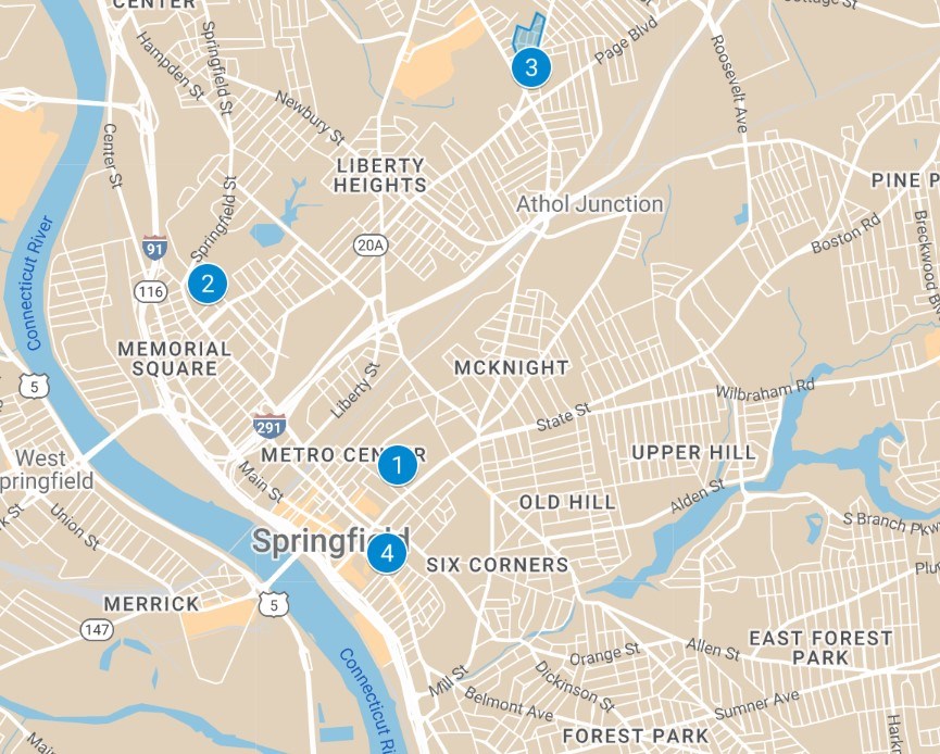 Street Map of Springfield, MA with Connecticut River on left and four places numbered
