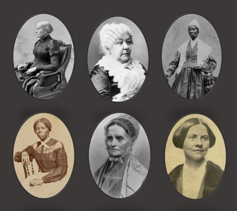 Gallery of images of women's suffrage leaders: Susan B. Anthony, Elizabeth Cady Stanton, Sojourner Truth, Harriet Tubman, Lucretia Mott, Lucy Stone