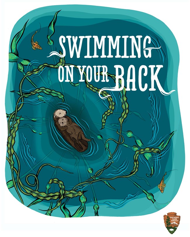 Illustration shown from above of brown adult otter floating on its back holding a young otter on its belly; green, ribbon-like kelp dot the blue-green water around them; white text reads “Swimming On Your Back”.