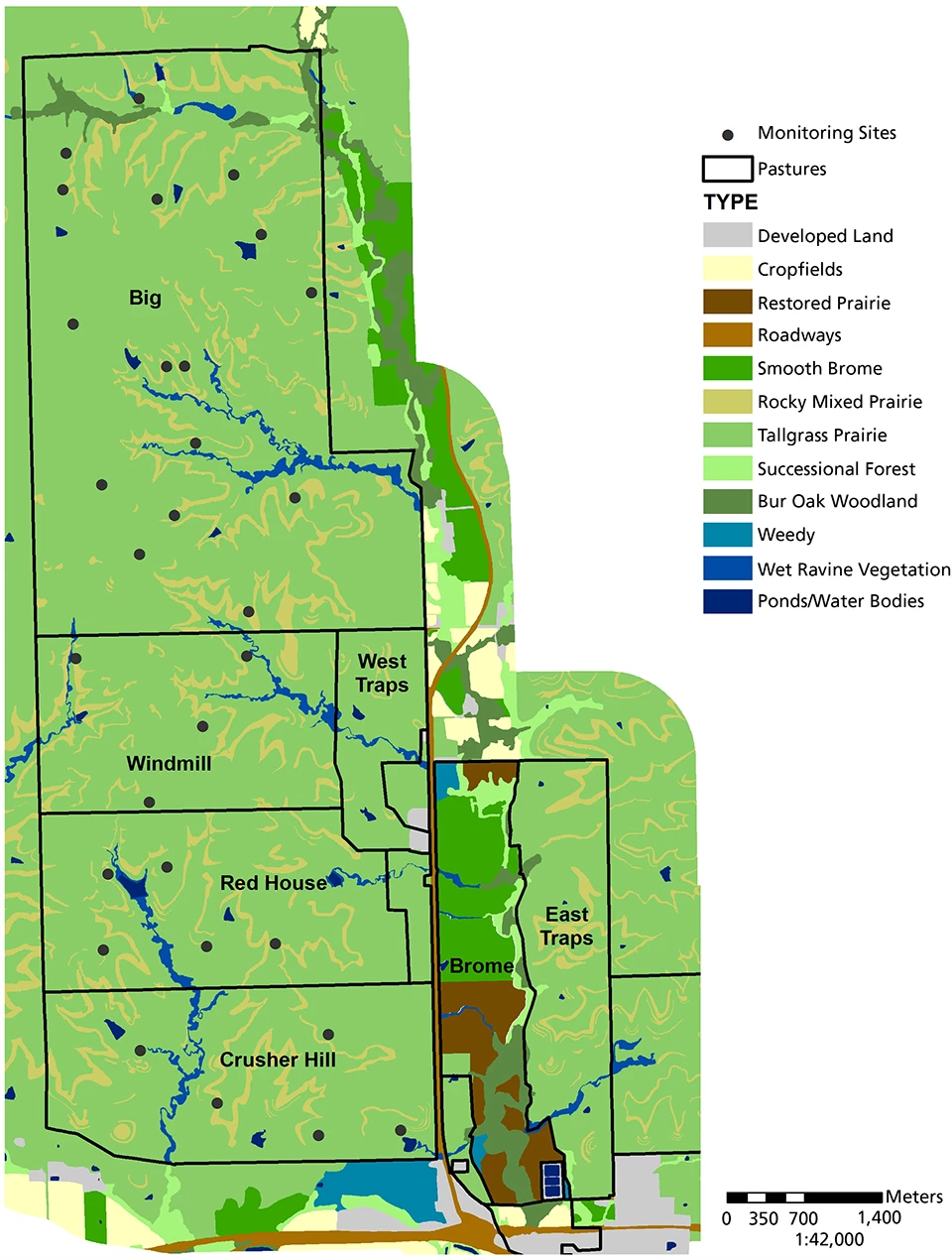 monitoring sites Map of Tallgrass Prairie National Preserve and locations of monitoring sites.