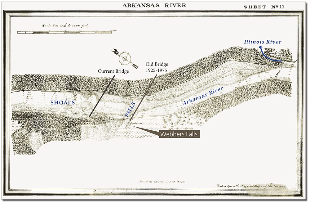 Arkansas River at Webbers Falls Historic Map with overlays of the historic falls and the modern bridge
