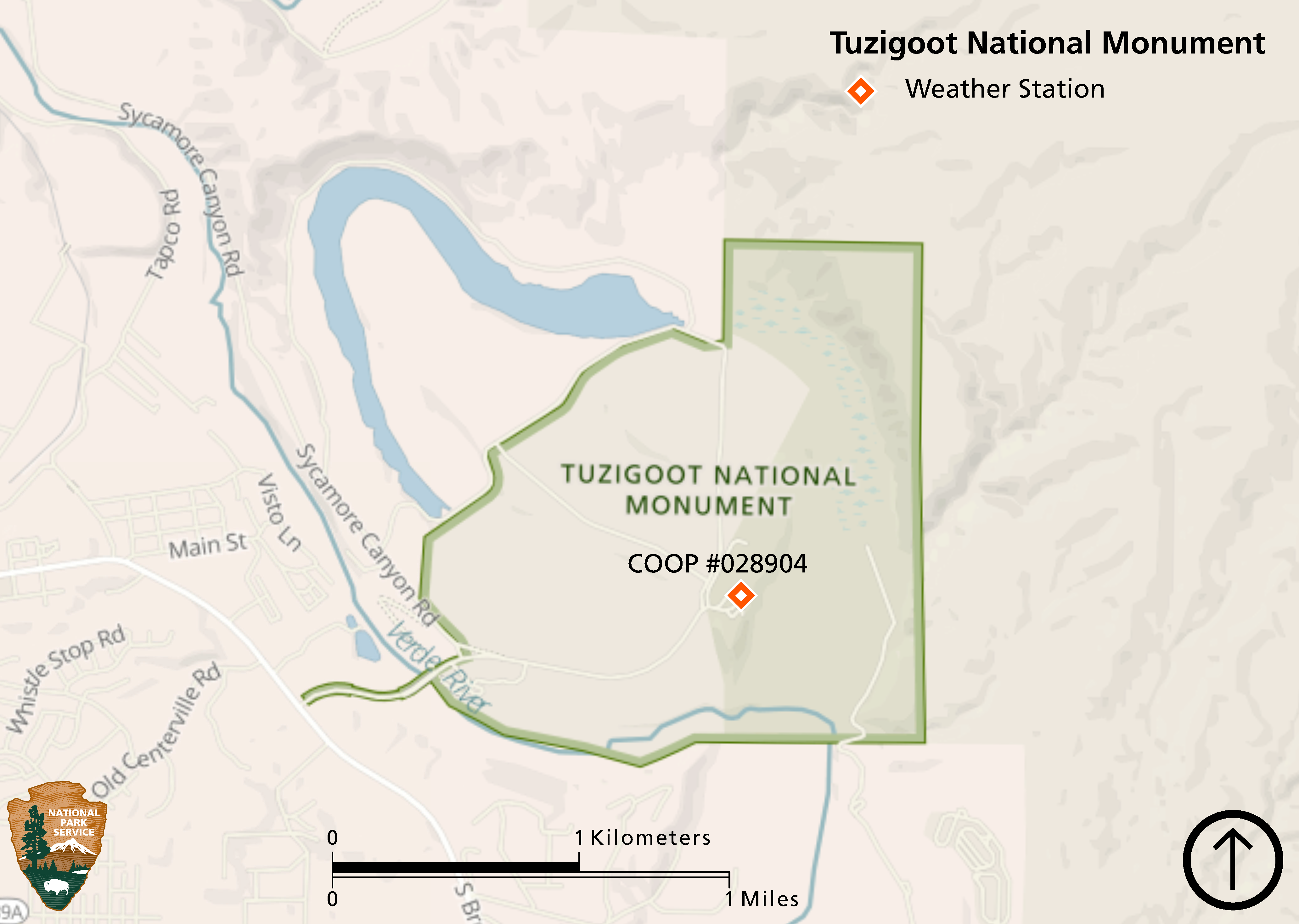 Map of Tuzigoot National Monument showing the weather station near the center of the park and the Verde River nearby the park.