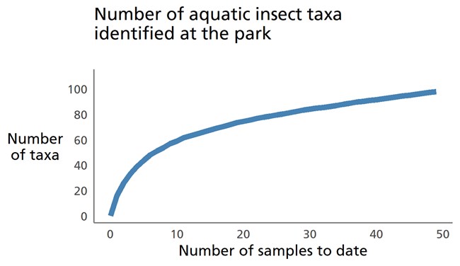 Blue line graph showing that relatively few new taxa are being identified with the collection of additional benthic macroinvertebrate samples. Blue line graph showing that relatively few new taxa are being identified with the collection of additional benthic macroinvertebrate samples.