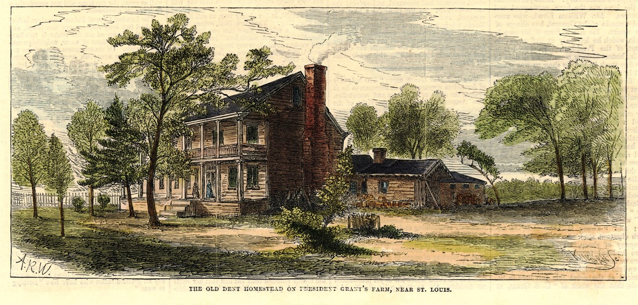 drawing of a brown-two story frame house. Text reads "The Old Dent Homestead on President Grant's Farm, Near St. Louis