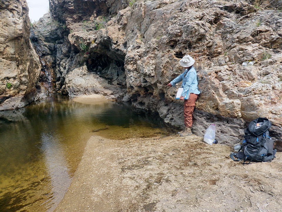 A person pointing at a large pool of clear water bordered by rock cliffs and a sandy beach.