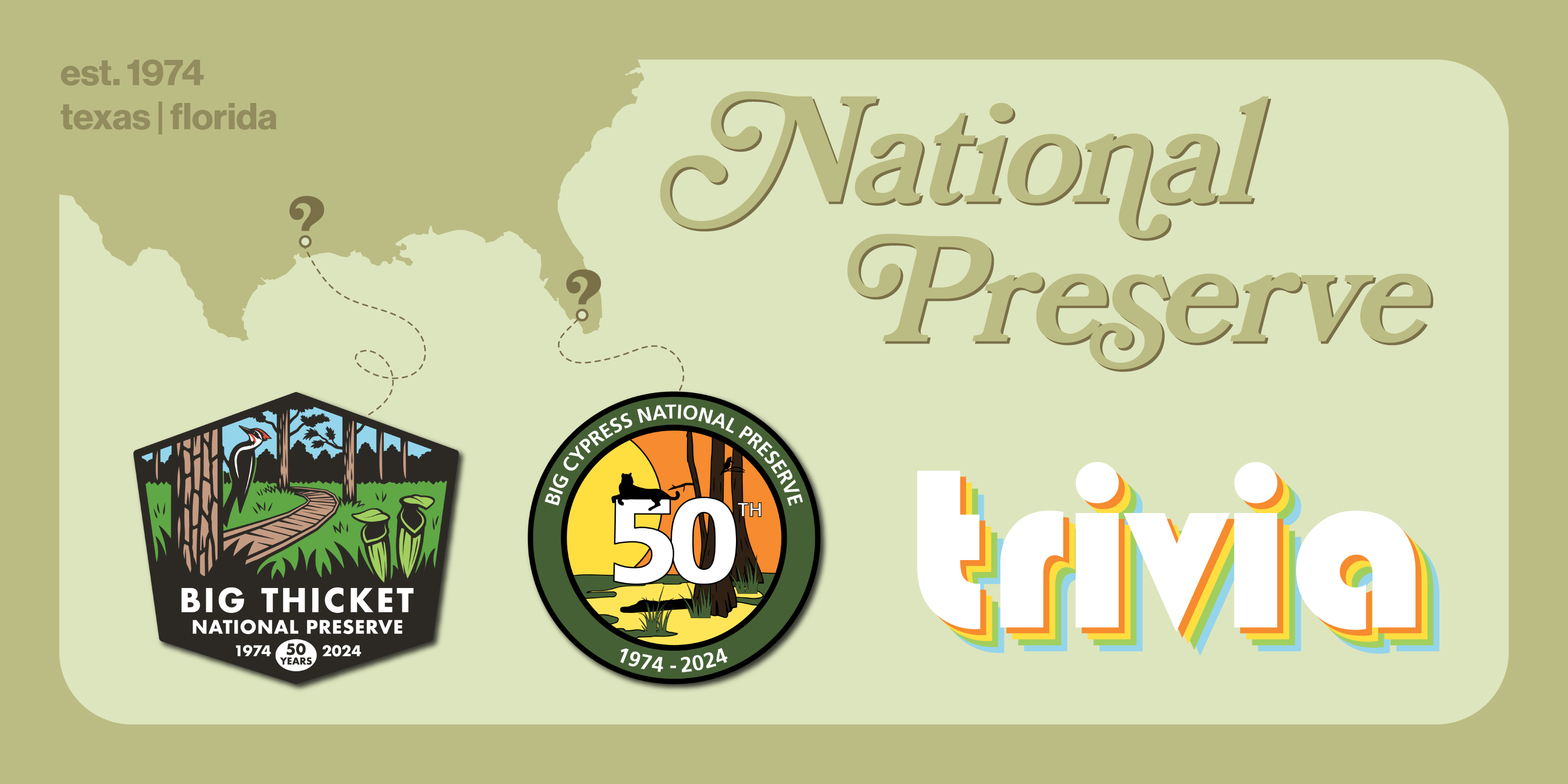 Graphic with text National Preserve Trivia in fancy 70s-themed fonts, with a 50th anniversary logo for Big Thicket National Preserve and Big Cypress National Preserve. Dashed lines lead to question marks on the map.