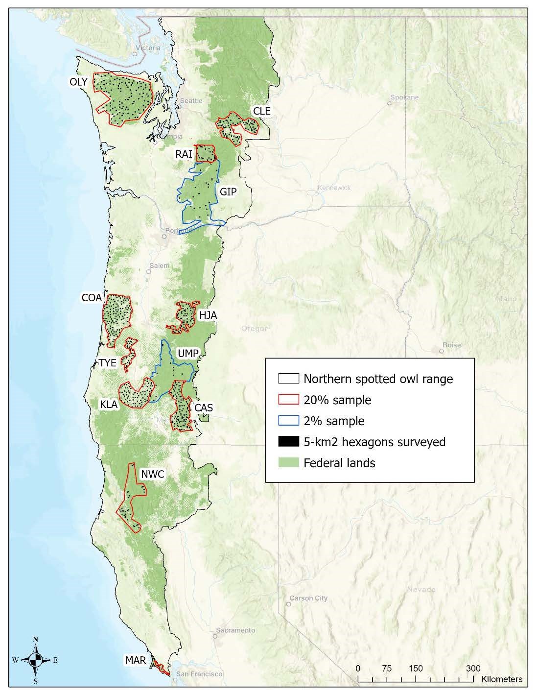 Map of northern spotted owl study areas. See expanded alt text below.