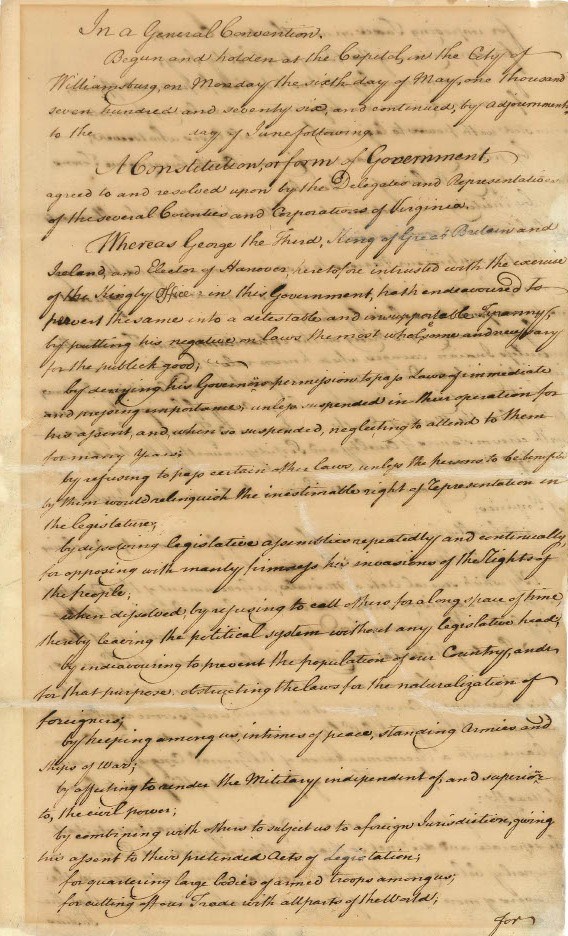 Handwritten page of 1776 Virginia State Constitution with text illegible