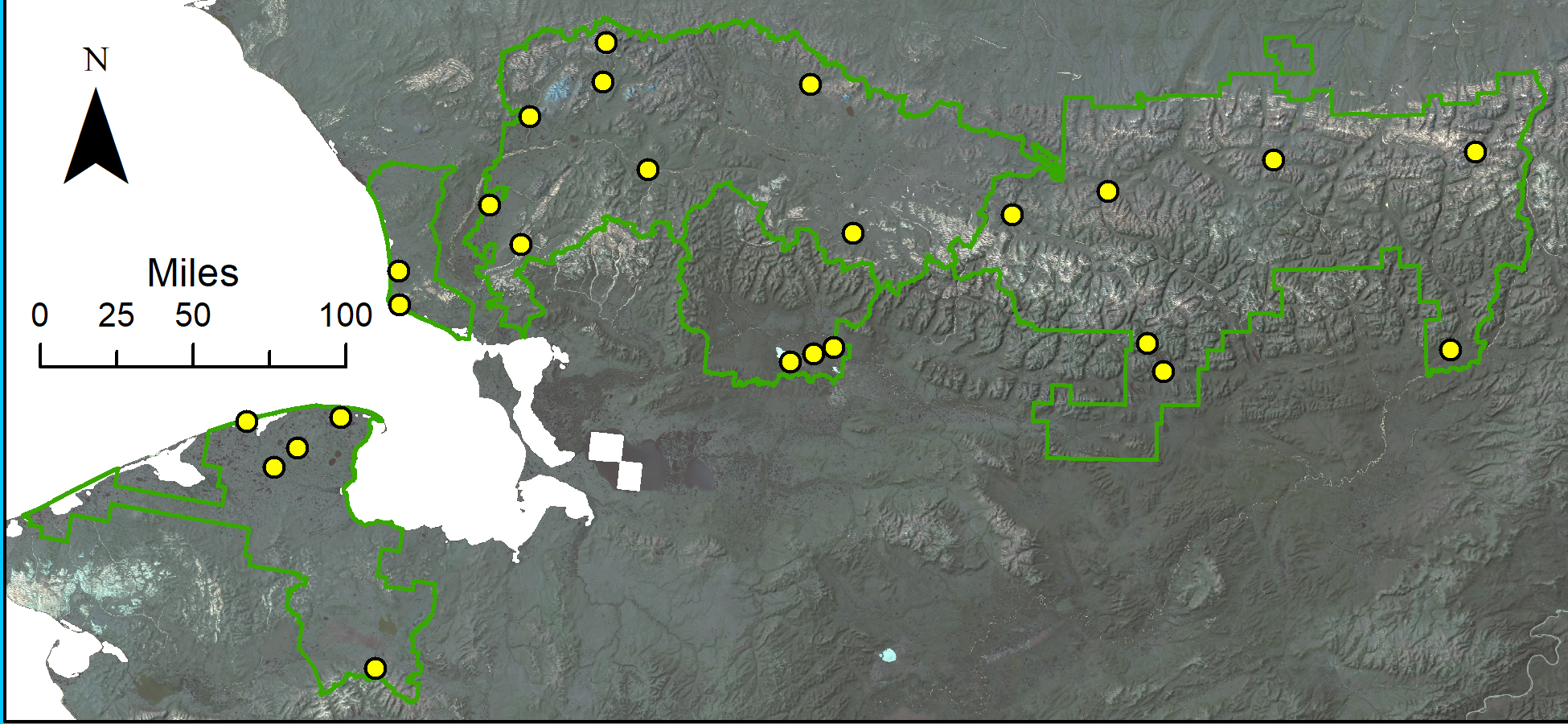 Locations of ARCN permanent vegetation monitoring. Each location has a lake or flat open area to land an airplane on, a good campsite, and between 10 and 30 plots accessible on foot.