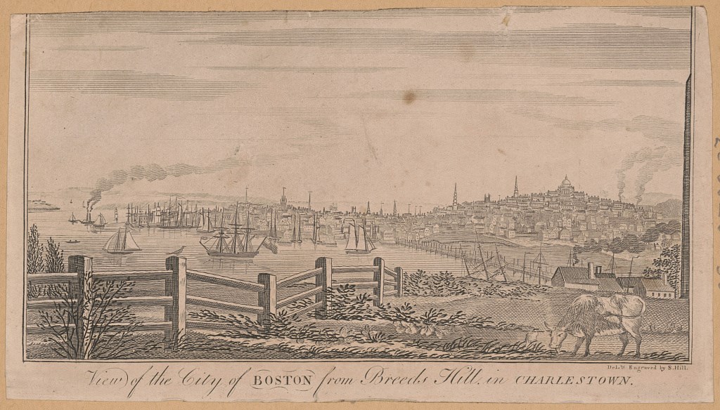 Late 1700s sketch of the view from Breeds Hill of Boston with ships in the harbor and buildings in Boston.