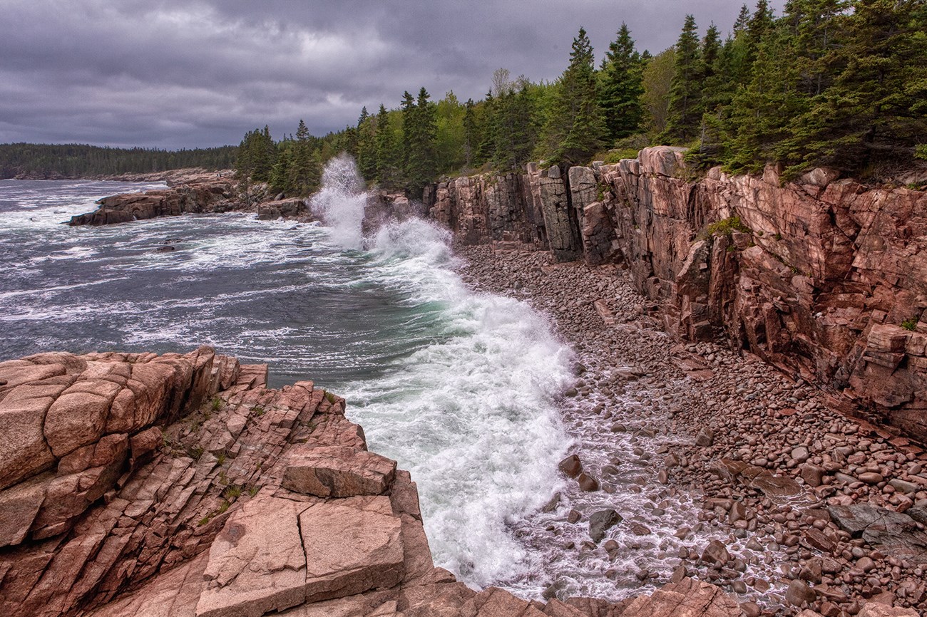 Waves crashing against high rocks and wooded coastline