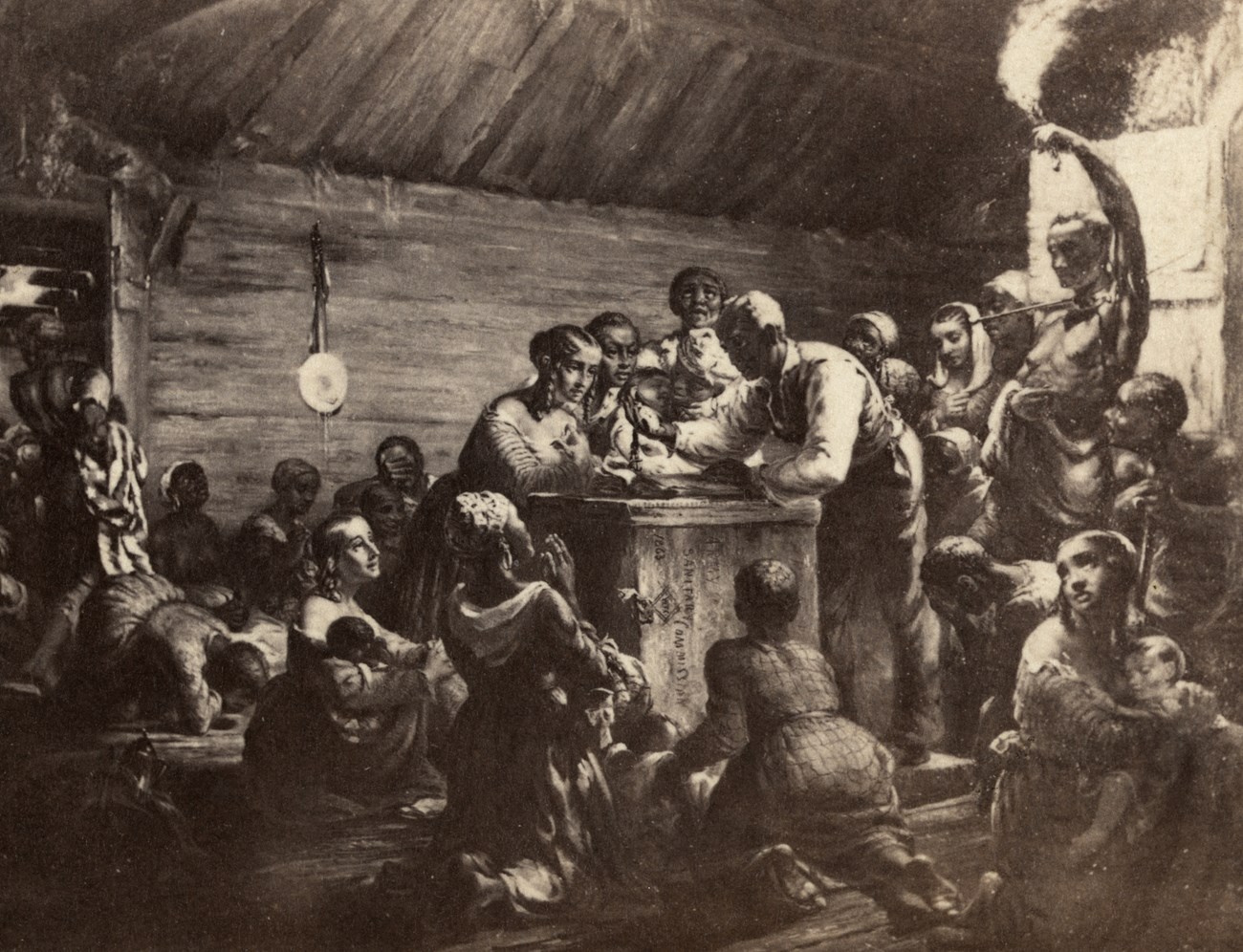 A printed illustration of a huddled group of Black Americans in a small room with candlelight.