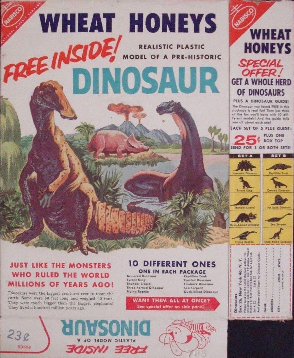 Wheat Honeys cereal box with dinosaurs from the 1960s