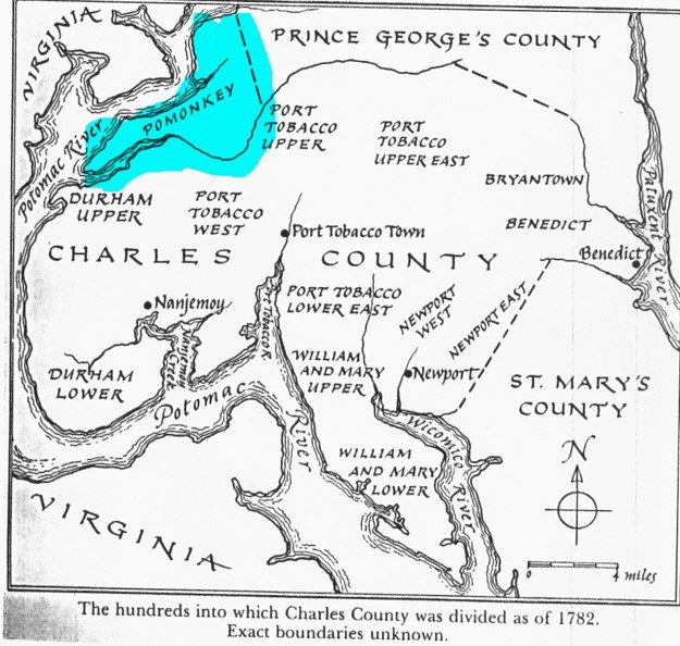 Map of Virginia and Maryland with area labeled "pomonkey" highlighted blue.