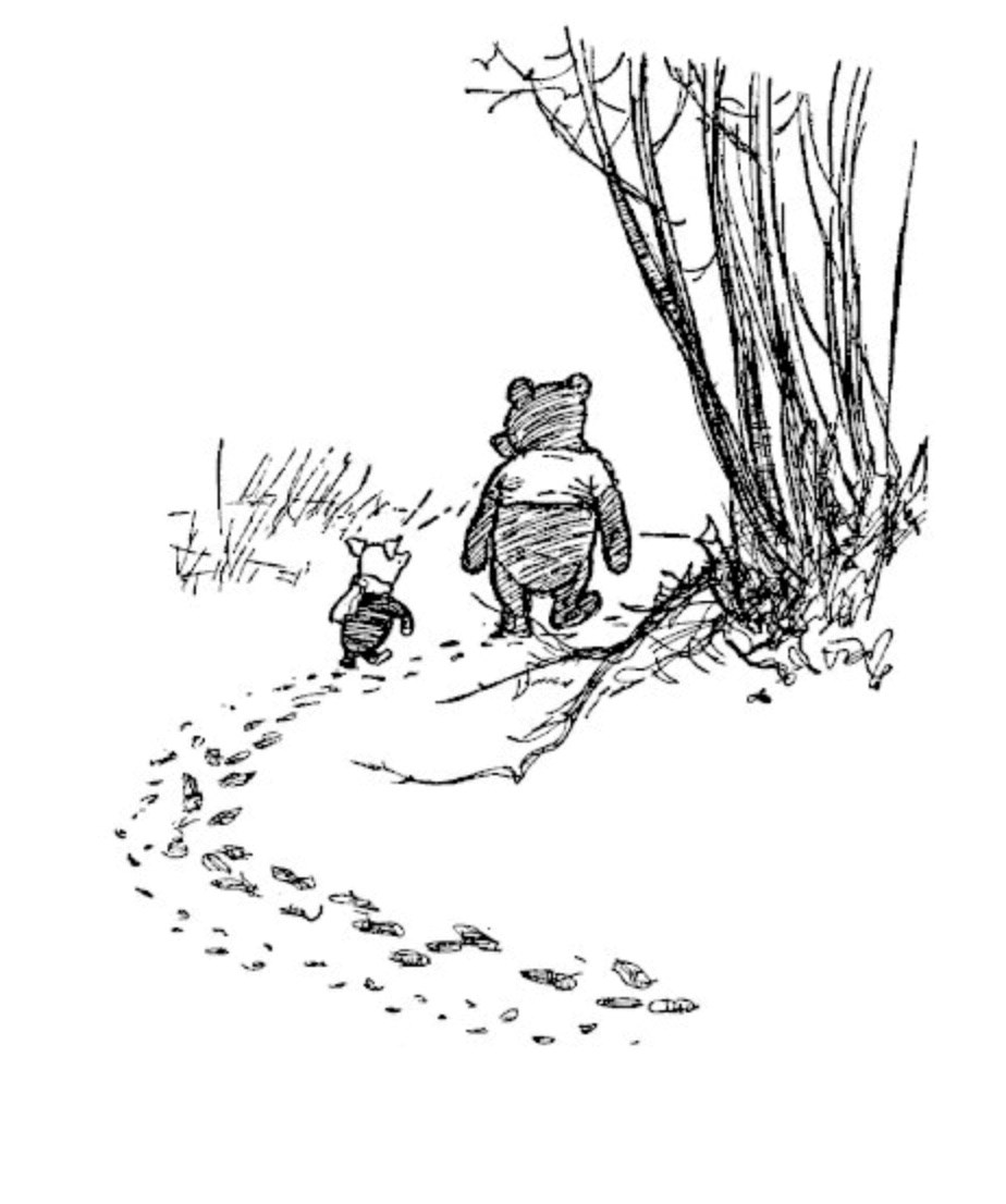 A black and white drawing of Winnie the Pooh
