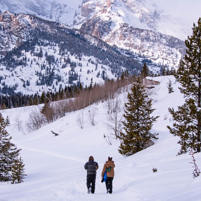 Visitors hiking in the snow