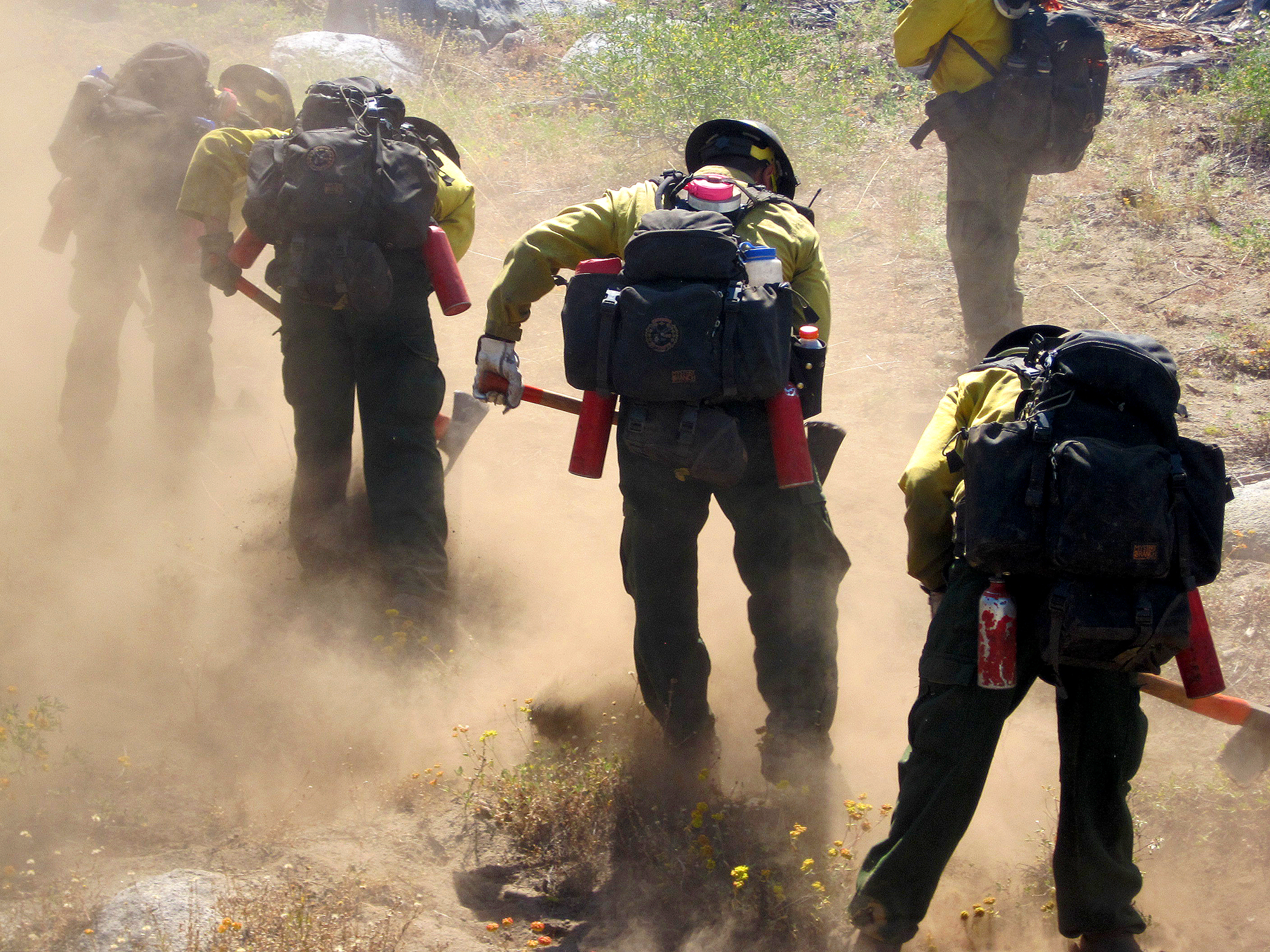 Digging the fire line, Dan looks on as the crew digs the st…