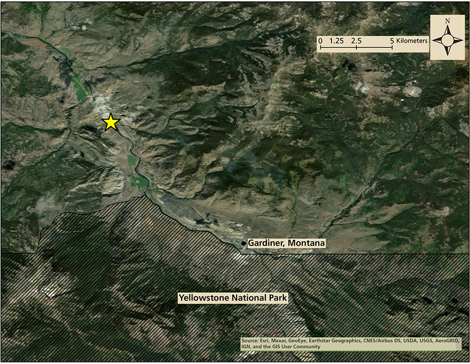 Map of the Yellowstone River monitoring location at Corwin Springs, MT, northwest of Gardiner, MT, and just outside the park boundary.