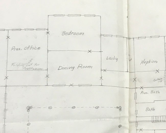 A detail of a floorplan showing room assignments, indicating that Arthur Prettyman was to sleep on a cot in the office.