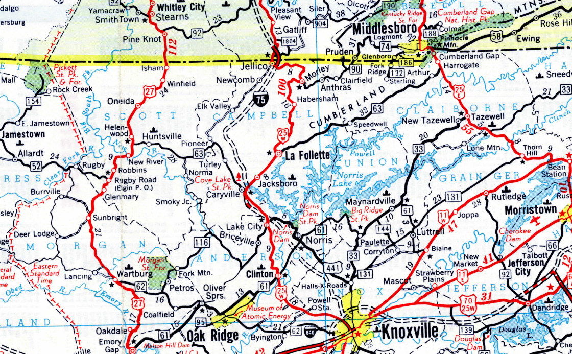 A road map showing the Kentucky-Tennessee border along I-75, with a black arrow pointing to the Watson's route.