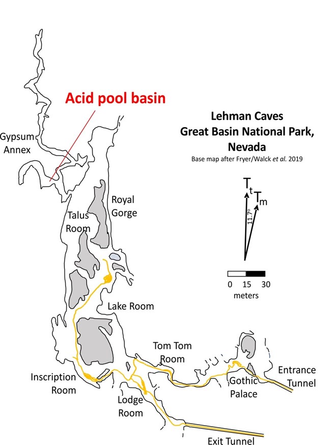 Map of Lehman Caves showing the acid pool basin in the Gypsum Annex.