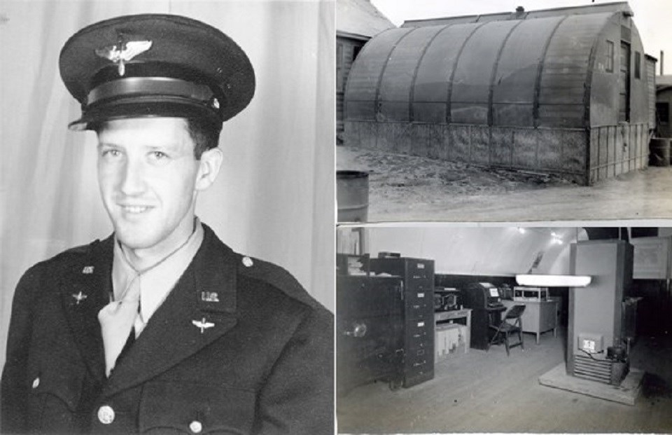 Marco Cramer and his office Three photos: man in uniform, exterior of a quonset hut and interior desk area.