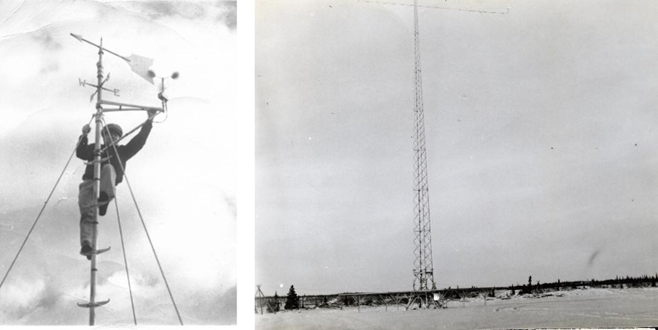 Weatherman on radio antenna; radio range antenna Two photos: a man on top of a weather antenna with cardinal directions; tall metal scaffolding rising into the sky.