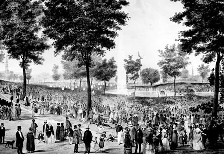 "View of the Water Celebration, on Boston Common, October 25th 1848." As an early example of “utilitarian” conservation, regulations protected the land from overgrazing by restricting the number of cattle each family could graze on the Common.