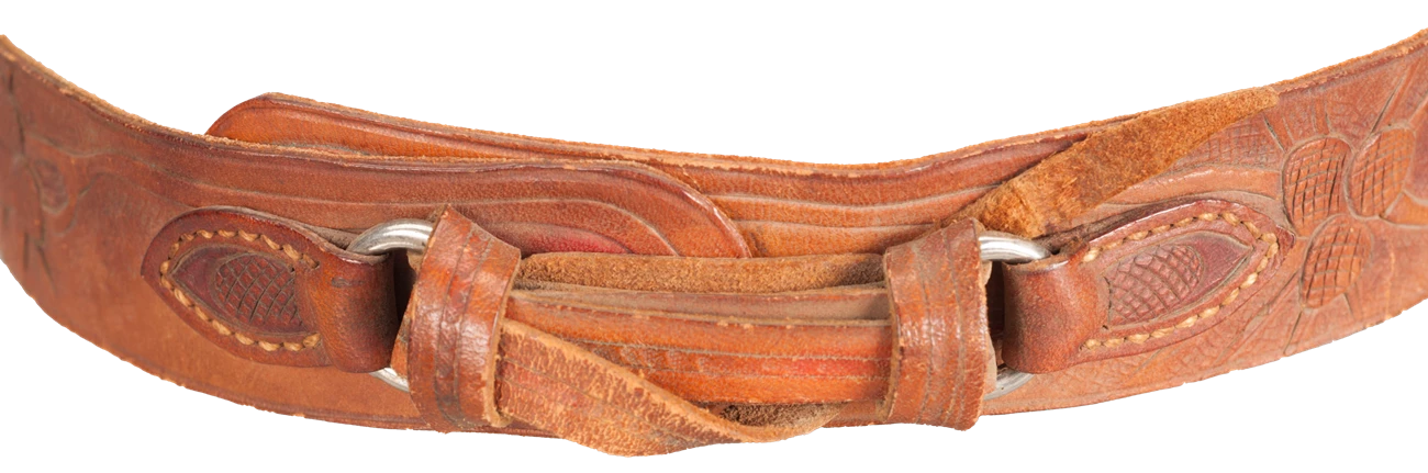 Ring fasteners detail, Albright's hatband. Ring fasteners on the back of a reddish-brown hatband